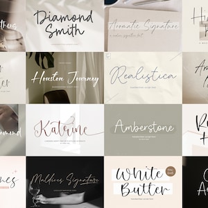 May include: A collage of 10 different handwritten font styles, each displayed on a unique background. The fonts are presented in a grid format, with each font name displayed below the sample text.