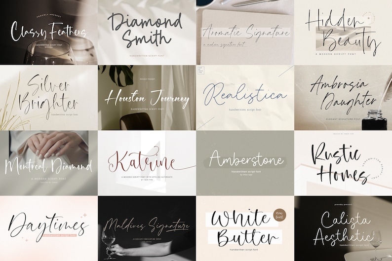 May include: A collage of 10 different handwritten font styles, each displayed on a unique background. The fonts are presented in a grid format, with each font name displayed below the sample text.