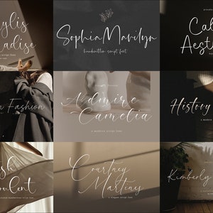 May include: A collage of nine images showcasing different handwritten script fonts. Each image features a unique font style and name, such as "Amarylis Paradise", "Sophia Marilya", and "Calista Aesthetic". The images are set against a backdrop of various textures and backgrounds, including wood, fabric, and stone.
