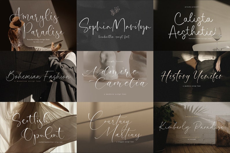May include: A collage of nine images showcasing different handwritten script fonts. Each image features a unique font style and name, such as "Amarylis Paradise", "Sophia Marilya", and "Calista Aesthetic". The images are set against a backdrop of various textures and backgrounds, including wood, fabric, and stone.
