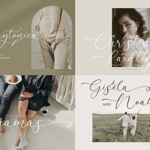 May include: A collection of four images showcasing a modern script font called "Daytonica". The font is shown in various styles and sizes, with examples of names like "Daytonica", "Christine Laidley", "Gisella & Noah", and "Life is better in pajamas".