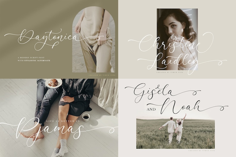 May include: A collection of four images showcasing a modern script font called "Daytonica". The font is shown in various styles and sizes, with examples of names like "Daytonica", "Christine Laidley", "Gisella & Noah", and "Life is better in pajamas".