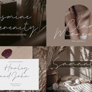 May include: Four different examples of handwritten script fonts. The first example says "Jasmine Serenity" and is labeled "handwritten script fonts". The second example says "Clara Monroe" and is labeled "fine jewelry". The third example says "Harley and John" and is labeled "Save the date for the wedding of". The fourth example says "Samantha" and is labeled "INTERIOR DESIGN".