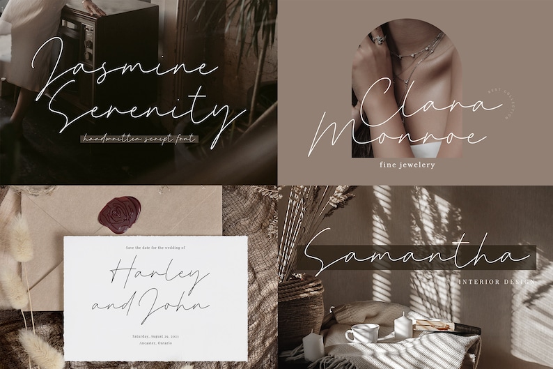 May include: Four different examples of handwritten script fonts. The first example says "Jasmine Serenity" and is labeled "handwritten script fonts". The second example says "Clara Monroe" and is labeled "fine jewelry". The third example says "Harley and John" and is labeled "Save the date for the wedding of". The fourth example says "Samantha" and is labeled "INTERIOR DESIGN".
