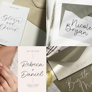 May include: Four save the date cards with calligraphy script. The cards are white with black text and have a simple design. The text on the cards reads "Gloria and David", "Nicole Bryan Wedding", "Rebeca + Daniel", and "Brigitta & Mickey".