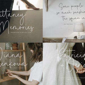 May include: Four different images showcasing handwritten script fonts. The first image shows the text "Brittany Memories" in a white script font. The second image shows the text "Some people are so much sunshine to the square inch" in a black script font. The third image shows the text "Diana Milenkova" in a white script font. The fourth image shows the text "Patricia + Derick" in a white script font.