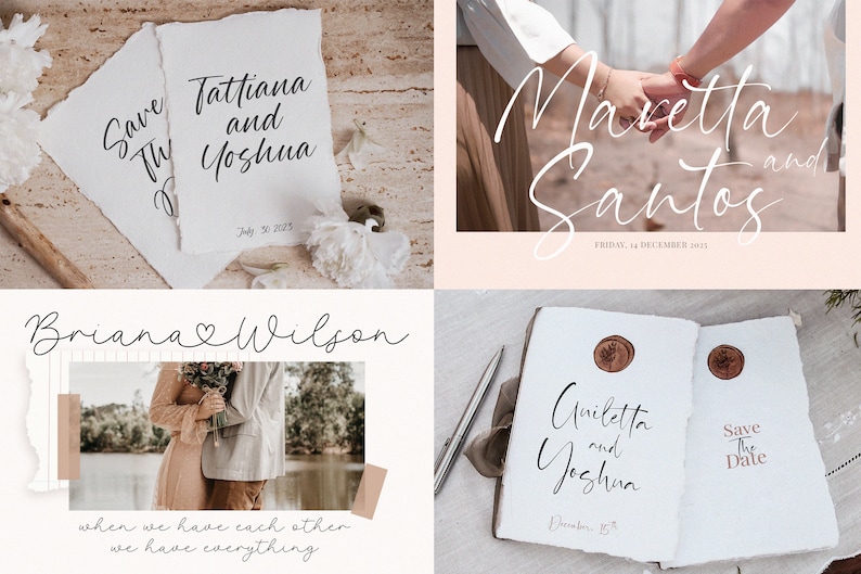 May include: Four different wedding save the date cards with calligraphy font. The cards are white with black text and feature different designs. The first card has a simple design with the text "Save the Date" and the names of the couple. The second card has a more elaborate design with a floral motif and the text "Save the Date" and the names of the couple. The third card has a simple design with the text "Save the Date" and the names of the couple. The fourth card has a more elaborate design with a floral motif and the text "Save the Date" and the names of the couple.