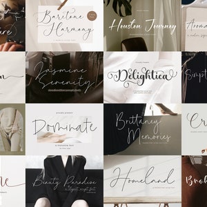May include: A collage of 10 different handwritten font styles, each displayed on a unique background. The fonts are all in black and white and are presented in a modern, minimalist style.