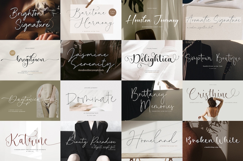 May include: A collage of 10 different handwritten font styles, each displayed on a unique background. The fonts are all in black and white and are presented in a modern, minimalist style.
