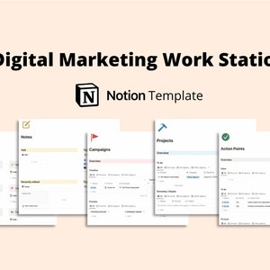 May include: Digital Marketing Work Station Notion Template. The image shows a digital workspace with several white screens displaying different sections, including "Add", "Notes", "Campaigns", "Projects", and "Action Points". The title is in bold black font.
