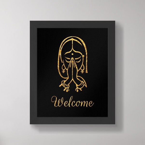 Welcome Namaste Golden Sign, Traditional Indian Lady, Hinduism, Welcome, namaste,Indian Woman, Lady, namaste png, jpg, wall decor, poster