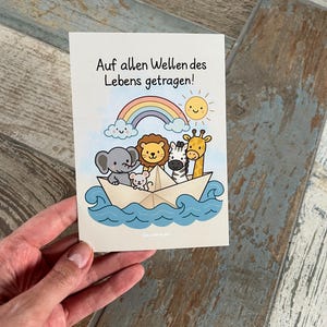 Biglietto per neonato dell'Arca di Noè, biglietto per battesimo, biglietto di nascita su tutte le onde della vita - cartolina DINA6 - elefante, giraffa, leone, topo, zebra, sole, arcobaleno