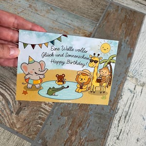 Safari Geburtstag – Glückwunschkarte mit Tieren & Welle voller Glück - Postkarte DINA6 - Elefant Giraffe Löwe Maus Krokodil happy Birthday