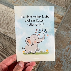 Adorabile elefantino – biglietto di auguri per nascita o battesimo con motivo a cuore Cartolina DINA6 – un baule pieno di felicità e amore