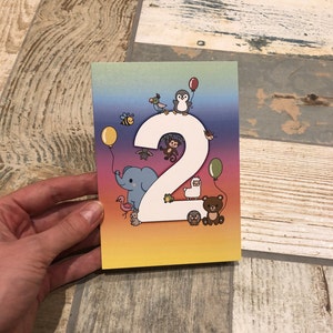 2º Aniversário - Cartão de aniversário para crianças para o segundo aniversário balões e animais