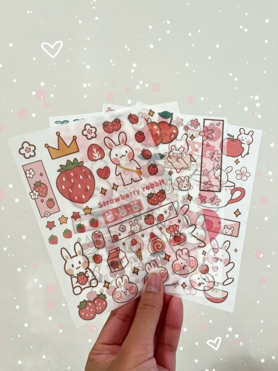 Felt Stickers 7 sheets set D - Rabbit Strawberry Apple Elephant Cherry  Blossom