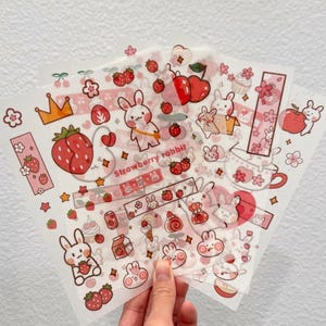 Cute Bunny Translucent Washi Sticker Sheets Kawaii Fruit Deco Polco Stationery Cartoon Strawberry Cherry Flower Apple Designs
