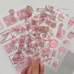 Kawaii Strawberry Milk Themed Sugary Glittery PET Translucent Sticker Sheet (Sold as a Whole Set!) Ice Cream, Stamps, Sweets, and Flowers