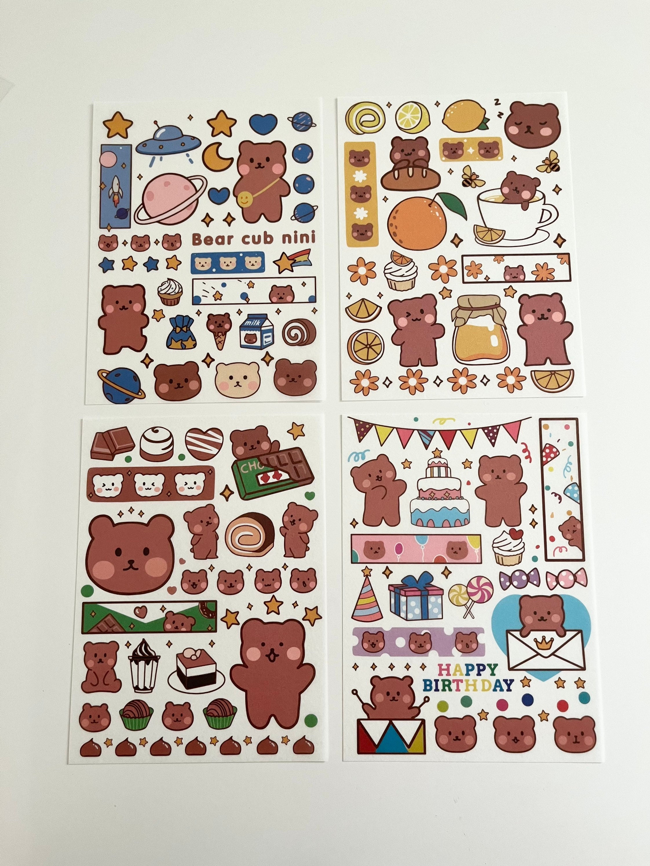 Kawaii Bear Washi Sticker Sheets - Blue Space, Yellow Lemon, Green ...