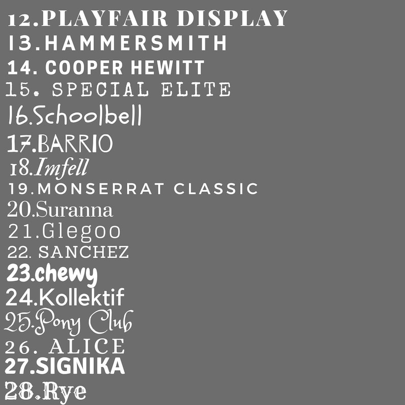 K&ouml;nnte beinhalten: Eine graue Grafik mit einer nummerierten Liste von sechzehn verschiedenen Schriftarten in wei&szlig;em Text, darunter Playfair Display, Hammersmith, Cooper Hewitt, Special Elite, Schoolbell, Barrio, Imfell, Montserrat Classic, Suranna, Glegoo, Sanchez, Chewy, Kollektif, Pony Club, Alice, Signika und Rye.