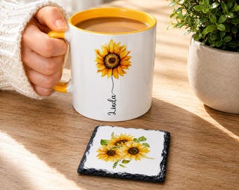 Taza personalizada con nombre y girasol - Bonita taza - Taza de café de cerámica de 325 ml