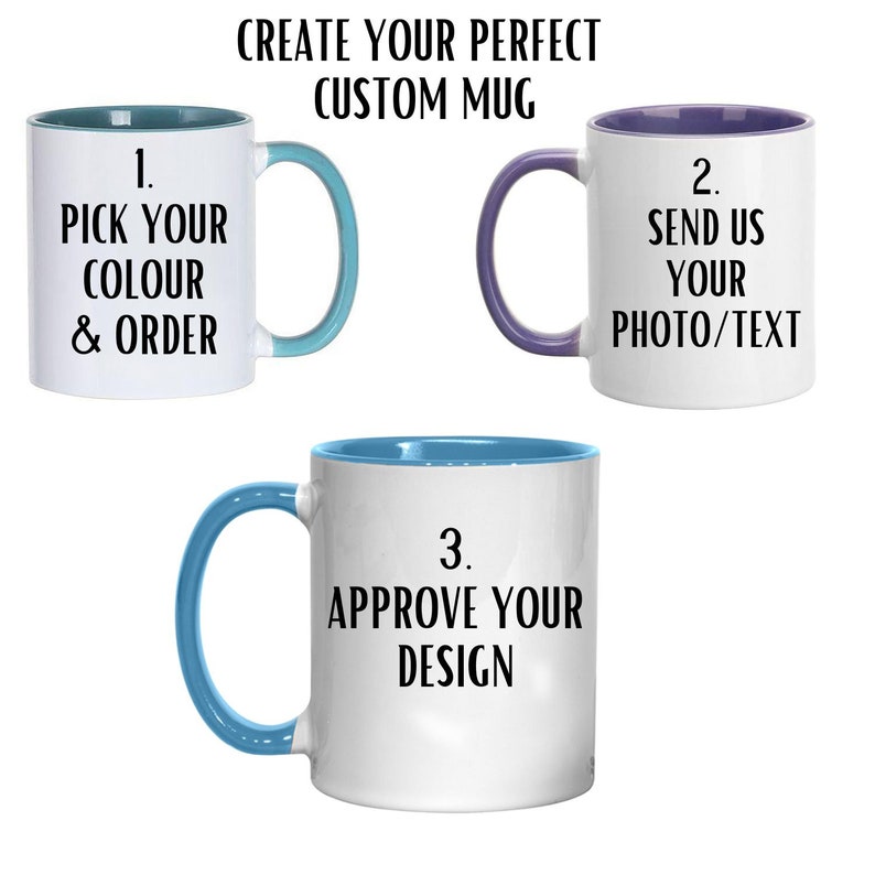 K&ouml;nnte beinhalten: Drei wei&szlig;e Keramiktassen mit farbigen Innenseiten und Henkeln. Die erste Tasse hat einen t&uuml;rkisfarbenen Innenraum und Henkel mit dem Text 1. PICK YOUR COLOUR & ORDER. Die zweite hat einen violetten Innenraum und Henkel mit dem Text 2. SEND US YOUR PHOTO/TEXT. Die dritte hat einen blauen Innenraum und Henkel mit dem Text 3. APPROVE YOUR DESIGN. Die &Uuml;berschrift lautet CREATE YOUR PERFECT CUSTOM MUG.