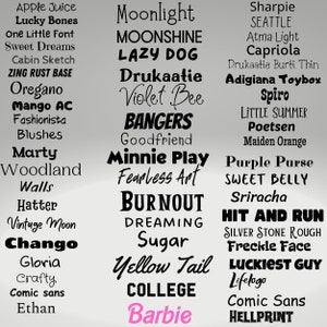 K&ouml;nnte beinhalten: Eine digitale Anzeige mit drei Spalten verschiedener Schriftstile in schwarzem Text auf hellgrauem Hintergrund. Die Liste enth&auml;lt Namen wie Apple Juice, Moonlight, Sharpie, Mango AC, Bangers, Minnie Play, Yellow Tail, Barbie in Pink und Hellprint.