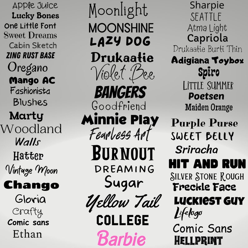 K&ouml;nnte beinhalten: Eine digitale Anzeige mit drei Spalten verschiedener Schriftstile in schwarzem Text auf hellgrauem Hintergrund. Die Liste enth&auml;lt Namen wie Apple Juice, Moonlight, Sharpie, Mango AC, Bangers, Minnie Play, Yellow Tail, Barbie in Pink und Hellprint.