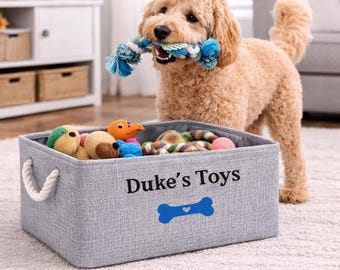 Personalised Grey Pet Toy Storage Basket: Foldable Dog/Cat Toy Box