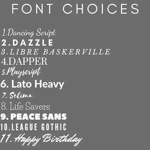 K&ouml;nnte beinhalten: Eine graue Grafik mit der &Uuml;berschrift FONT CHOICES in wei&szlig;em Text, die elf nummerierte Optionen auflistet: 1. Dancing Script, 2. DAZZLE, 3. LIBRE BASKERVILLE, 4. DAPPER, 5. Playscript, 6. Lato Heavy, 7. Selima, 8. Life Savers, 9. PEACE SANS, 10. LEAGUE GOTHIC, 11. Happy Birthday.