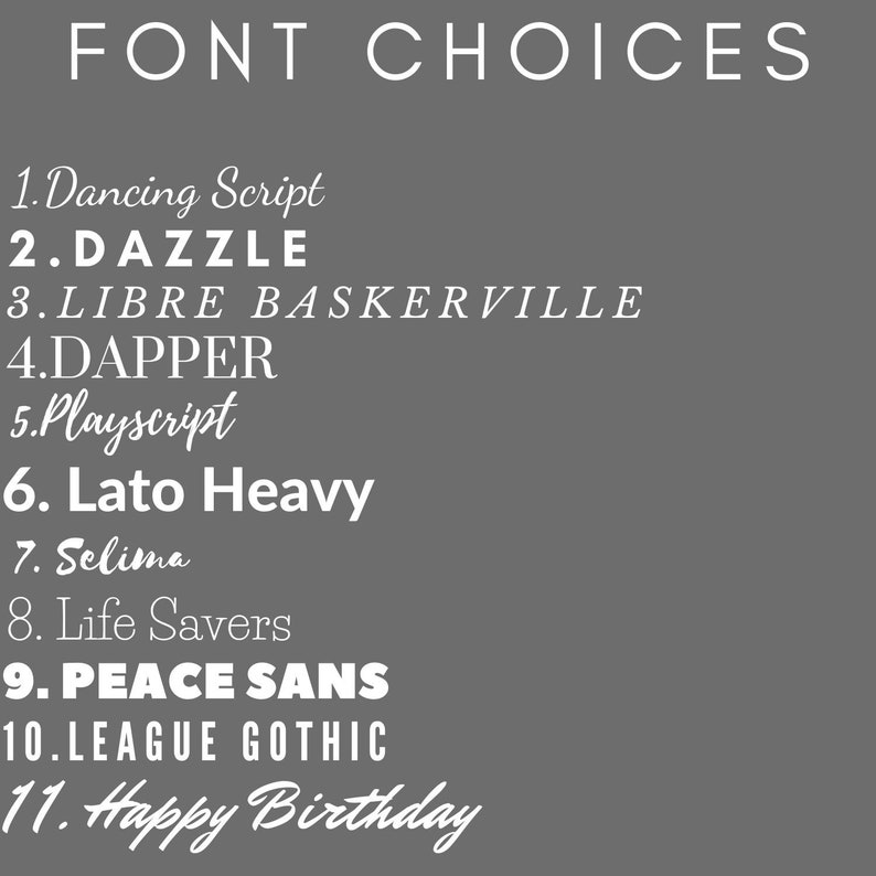 K&ouml;nnte beinhalten: Eine graue Grafik mit der &Uuml;berschrift FONT CHOICES in wei&szlig;em Text, die elf nummerierte Optionen auflistet: 1. Dancing Script, 2. DAZZLE, 3. LIBRE BASKERVILLE, 4. DAPPER, 5. Playscript, 6. Lato Heavy, 7. Selima, 8. Life Savers, 9. PEACE SANS, 10. LEAGUE GOTHIC, 11. Happy Birthday.