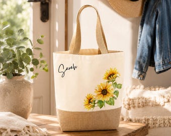 Personalised Sunflower Bag With Name Jute bag for women Cotton Canvas