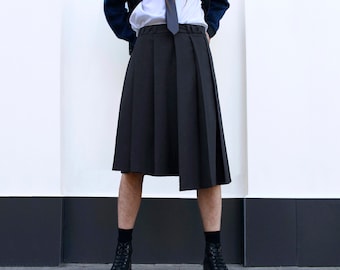 Men&#39;s &quot;School Mood&quot; asymmetrical pleated skirt \ black color \ kilt