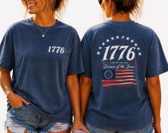 Comfort Colors® 1776 T-Shirt, Land of the Free, Front and Back Print, 1776 Patriotic Tee, Vintage 4th of July, Distressed USA Flag Shirt