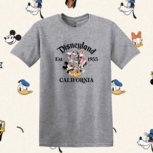May include: A gray t-shirt with a black graphic of Mickey Mouse, Minnie Mouse, Donald Duck, Goofy, Pluto, and Daisy Duck. The graphic is surrounded by the text "Disneyland Est 1955 CALIFORNIA".
