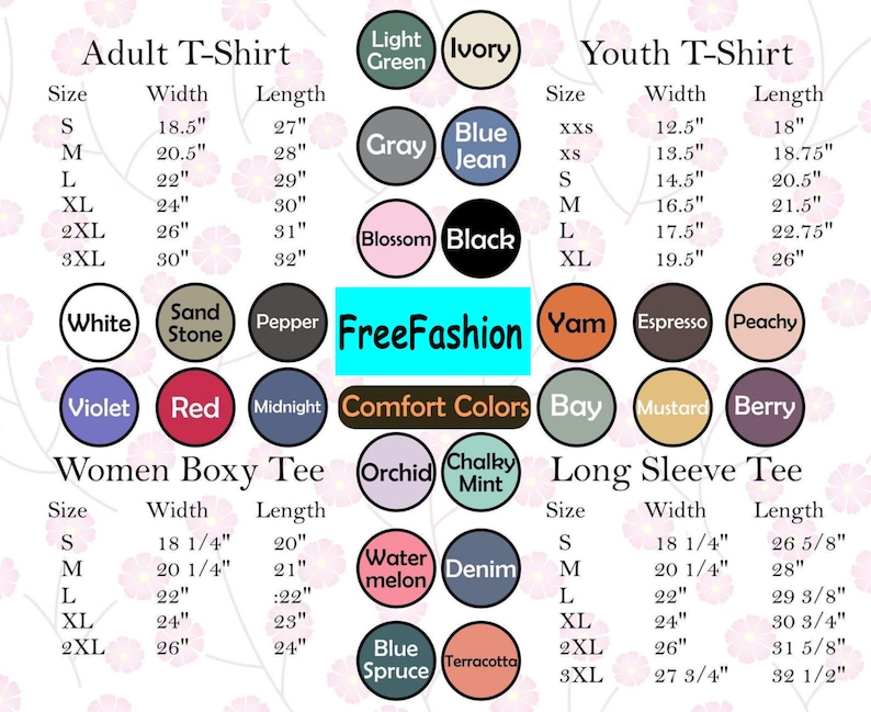 The image is a color-coded chart that provides sizes and corresponding colors for different types of T-shirts, including adult, light green, ivory, youth, and long sleeve.