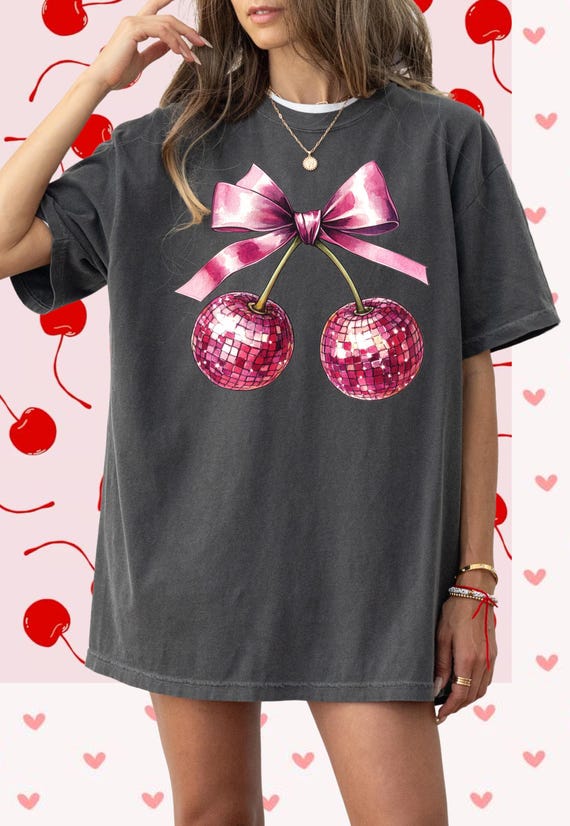 Comfort Colors® Coquette Disco Cherries Shirt, Cherry Bow Shirt, Bow Shirt, Coquette Shirt, Girl Shirt, Trendy Coquette Shirt, Gift For Her