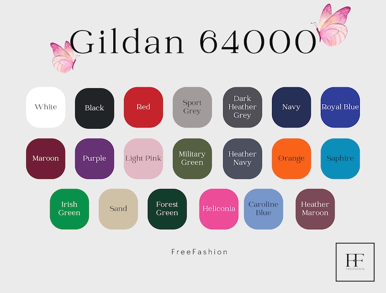 May include: Color chart for Gildan 64000 t-shirts. The chart shows 18 different colors, including white, black, red, sport grey, dark heather grey, navy, royal blue, maroon, purple, light pink, military green, heather navy, orange, sapphire, Irish green, sand, forest green, heliconia, Caroline blue, and heather maroon.