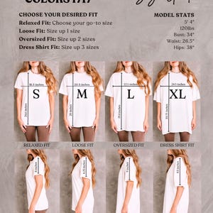 The image is a size guide for a variety of t-shirt styles, providing measurements and corresponding styles for different fits.