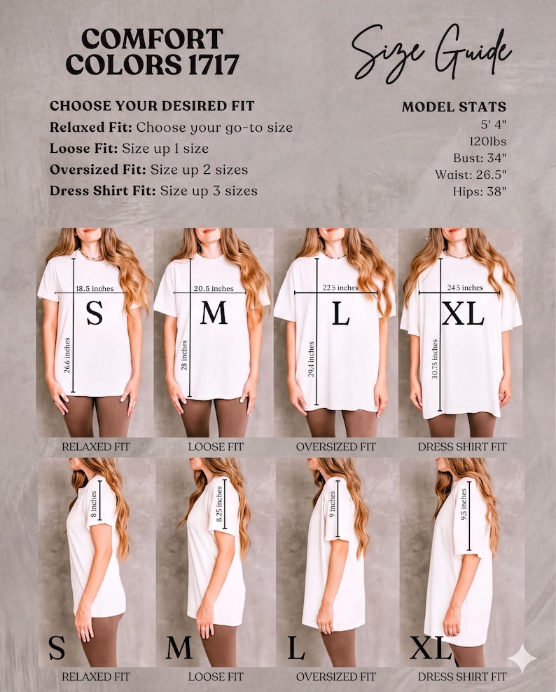 The image is a size guide for a variety of t-shirt styles, providing measurements and corresponding styles for different fits.
