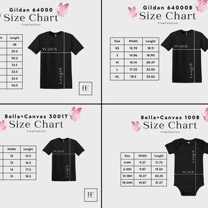 May include: Size chart for Gildan 64000 and Gildan 64000B t-shirts, Bella+Canvas 3001T t-shirts, and Bella+Canvas 100B baby onesies. The chart shows the width and length measurements in inches for each size.