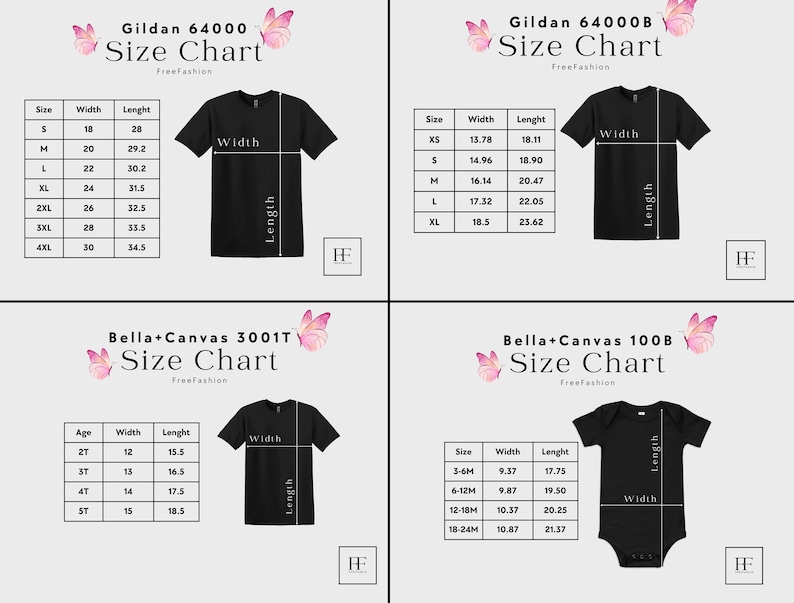 May include: Size chart for Gildan 64000 and Gildan 64000B t-shirts, Bella+Canvas 3001T t-shirts, and Bella+Canvas 100B baby onesies. The chart shows the width and length measurements in inches for each size.