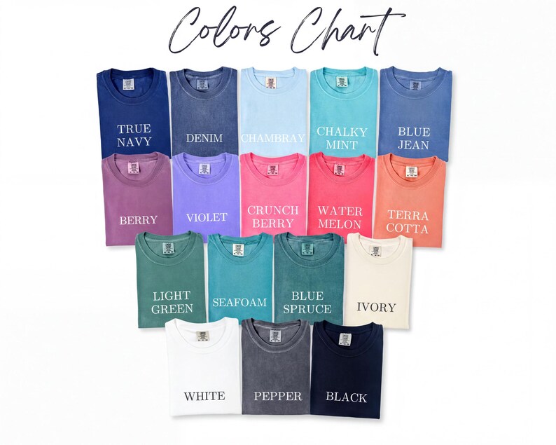 a collection of 16 different colored t-shirts arranged in a grid pattern, with each color labeled.
