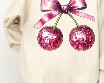 Coquette Disco Cherries Sweatshirt, Cherry Bow Sweatshirt, Bow Sweatshirt, Coquette Sweatshirt, Girl Sweatshirt, Trendy Coquette Sweatshirt
