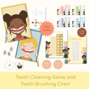 Tabla de juego de cepillado de dientes para niños, actividad de higiene dental imprimible, lista de verificación semanal de hábitos de cepillado para niños en edad preescolar, actividad dental