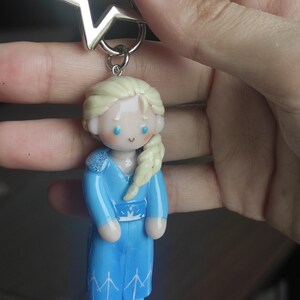 May include: A keychain featuring a miniature figurine of a character with blonde hair in a blue dress. The figurine has a silver star-shaped charm attached to the top. The character's dress has a white belt and snowflake details.