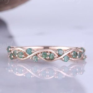 Unique Moss Agate Wedding Band Rose Gold Nature Inspired Twig Moss Agate Curved Wedding Ring Promise Custom Ring For Women Handmade Jewelry