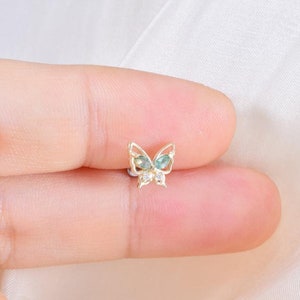 14K Solid Gold Moss Agate Butterfly Stud Earring Cartilage Earring Moissanite Threadless Stud Flat Back Earring Helix Stud Conch Earring