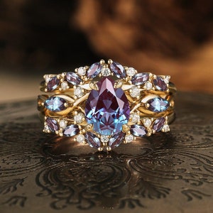 Alexandrite Engagement Ring Set Rose Gold Alexandrite Ring Enhancer Alexandrite Ring Set Purple Gemstone Vine Bridal Ring Set Gift For Her
