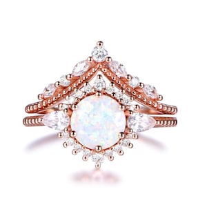 Opal Engagement Ring Vintage Rose Gold Engagement Ring Diamond Cluster Ring Unique Moissanite Halo Promise Ring Anniversary Gift For Women